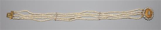 A late 19th century quadruple strand seed pearl bracelet with yellow metal and seed pearl set clasp, 16.5cm.